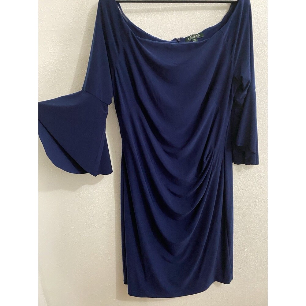 Ralph Lauren Women’s Plus Size Blue Cocktail Dress Trumpet Sleeve 16W G60